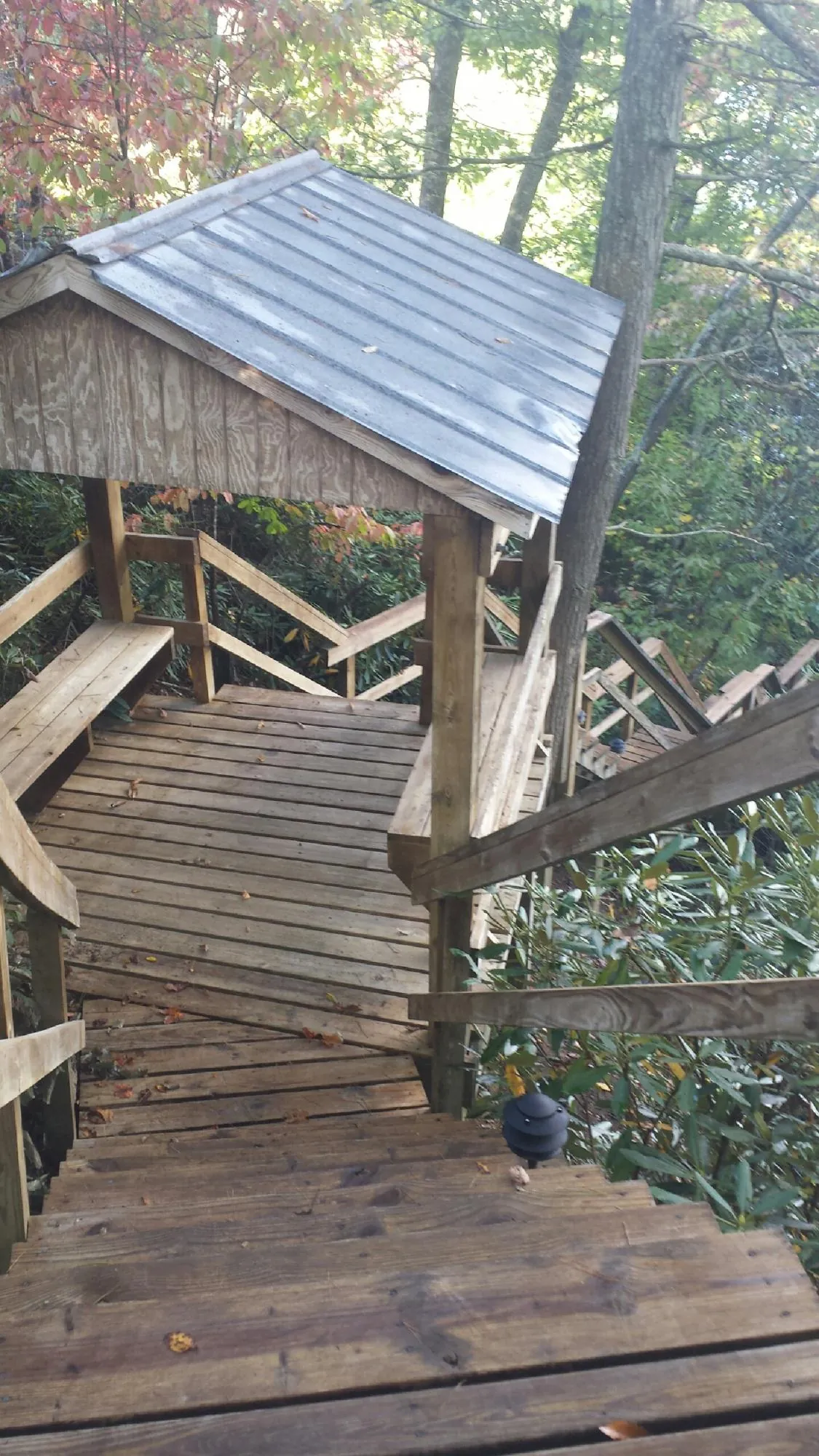 Metal roofed shelter over wooden steps on a wooded walkway — Skylight Repair & Installation work by our crew in Port Edwards